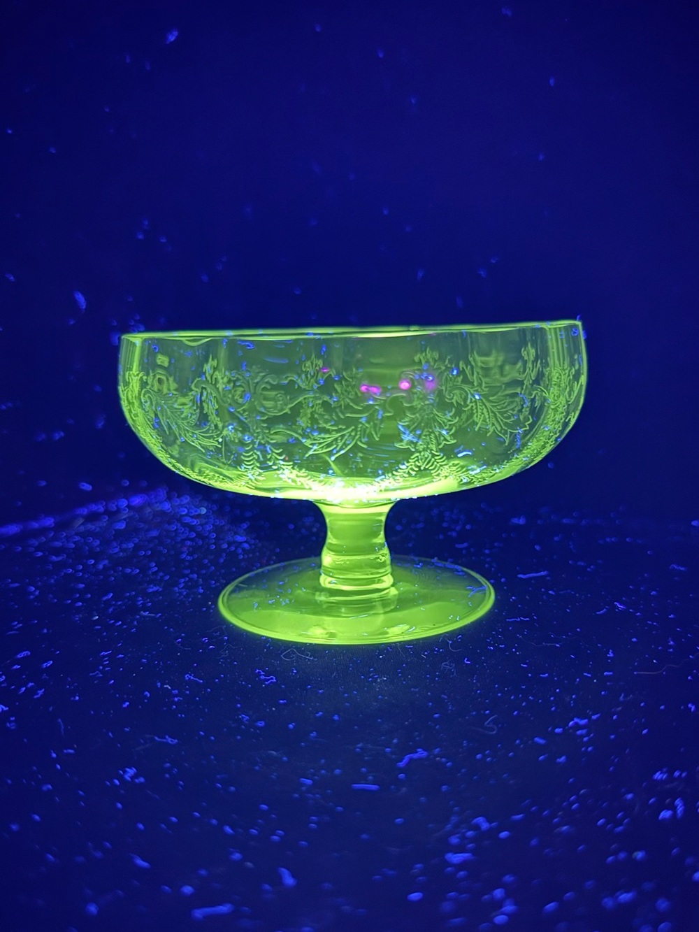 Vintage UV Reactive Etched Crystal Dessert Compote dish